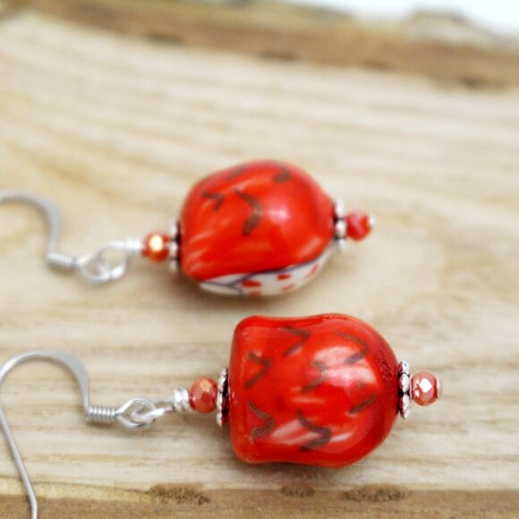 Red Hand Painted Porcelain Owl Beaded Earrings - Handmade & Hypoallergenic - Picture 3 of 8
